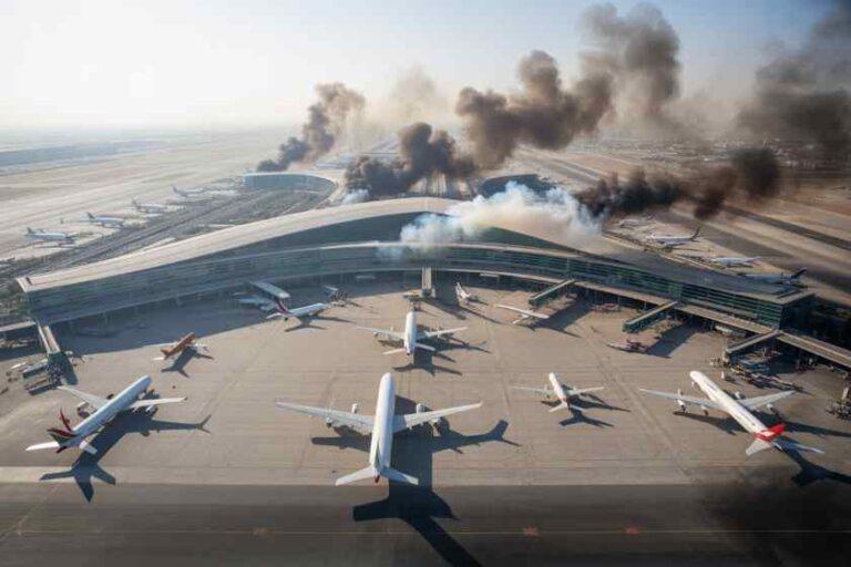 Aerial view of an airport with several planes at gates as large smoke plumes rise from fires on the tarmac