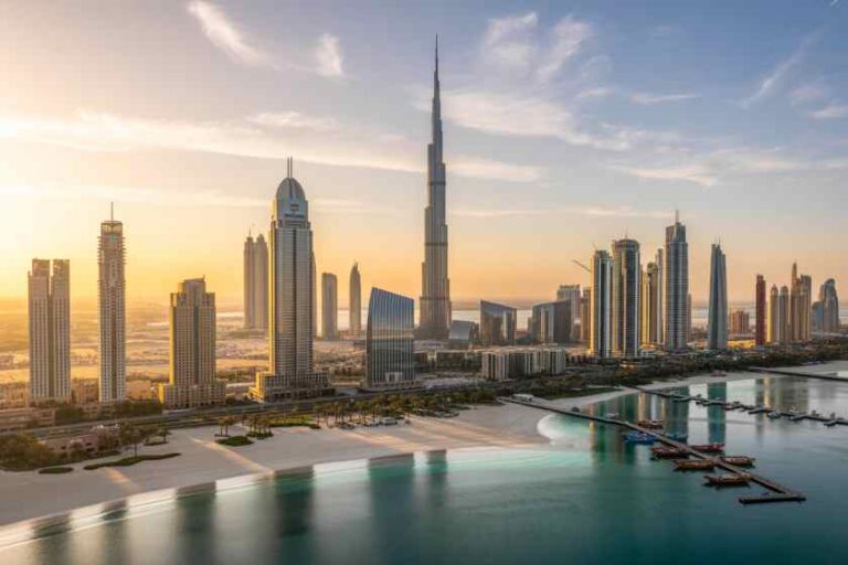 Dubai skyline at sunset with Burj Khalifa and tall modern buildings along a seaside promenade