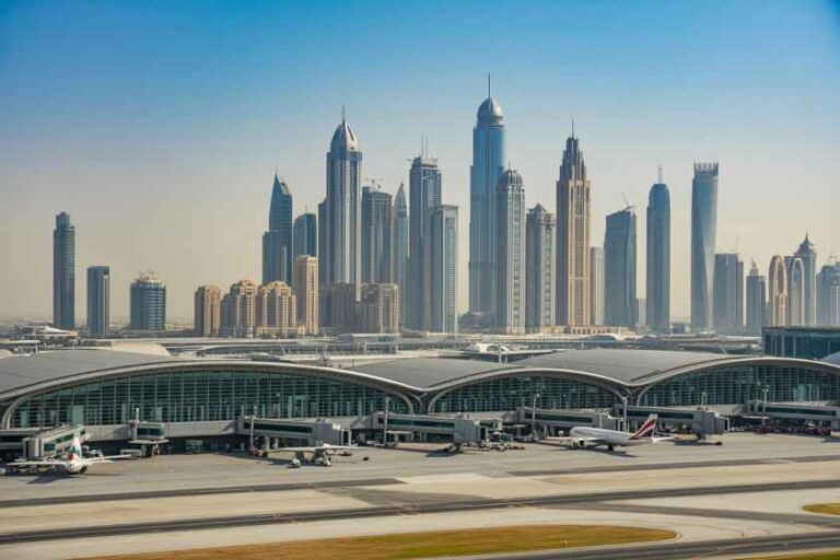 Dubai skyline seen from a modern airport terminal, with planes at gates in the foreground.