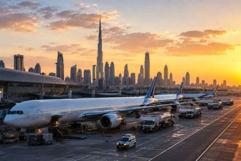 Airline jet parked at the gate on an airport tarmac with a city skyline at sunset in the background.