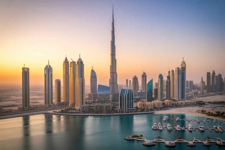 Dubai skyline at sunset with Burj Khalifa towering above modern high-rises and a marina with yachts in the foreground