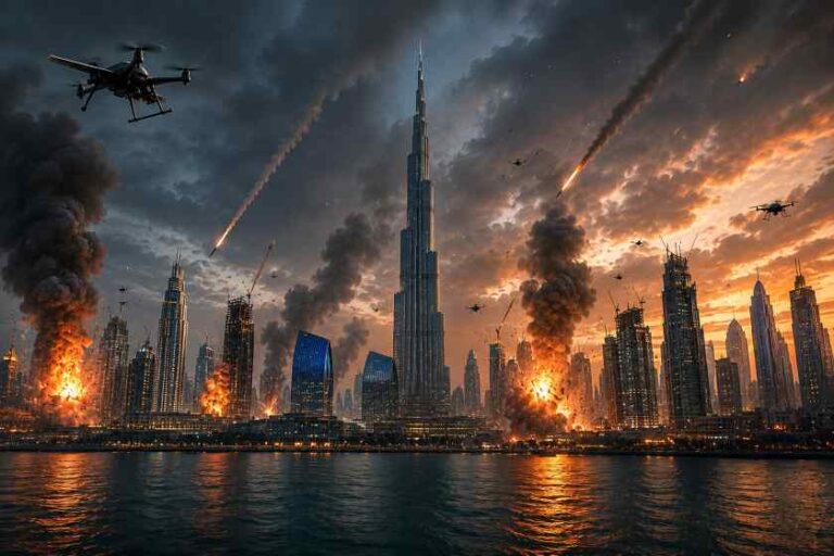Explosions and fires scorch a modern city skyline with tall skyscrapers, smoke plumes, and missiles streaking through a sunset sky; helicopters in flight overhead.