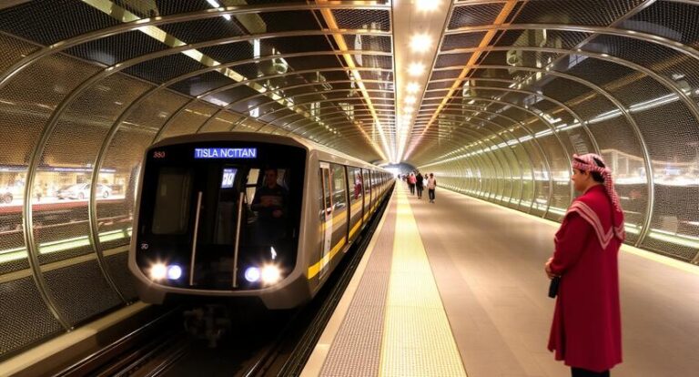 A modern metro train arrives at a curved underground platform, with passengers visible and a person in a red coat standing to the right.
