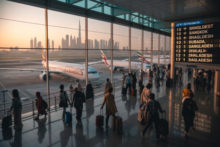 Passengers with rolling luggage walk through a bright airport terminal toward parked Emirates aircraft at gate with a sunset city skyline in the background.