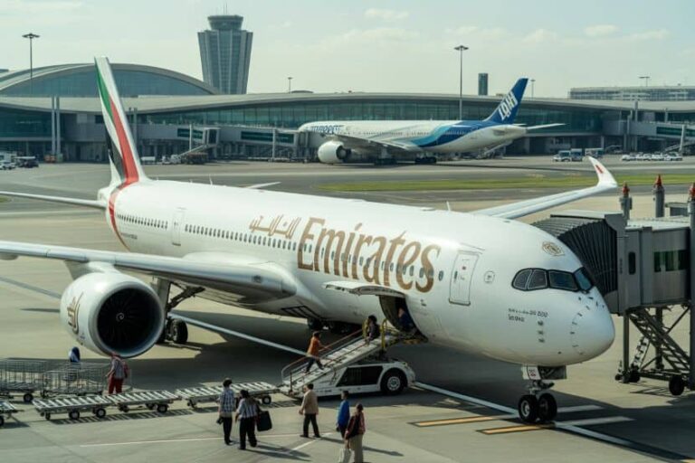 White Emirates aircraft at a jet bridge gate, passengers and crew nearby on the tarmac at a sunny airport.