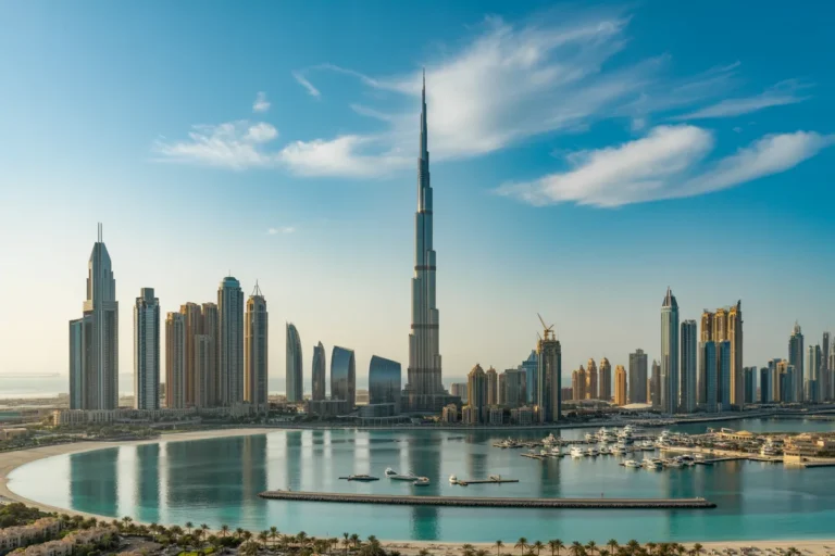 Dubai skyline with Burj Khalifa towering over a marina and calm turquoise water