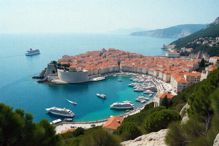 Aerial view of a walled, red-roofed coastal town surrounding a turquoise harbor lined with moored boats and yachts.