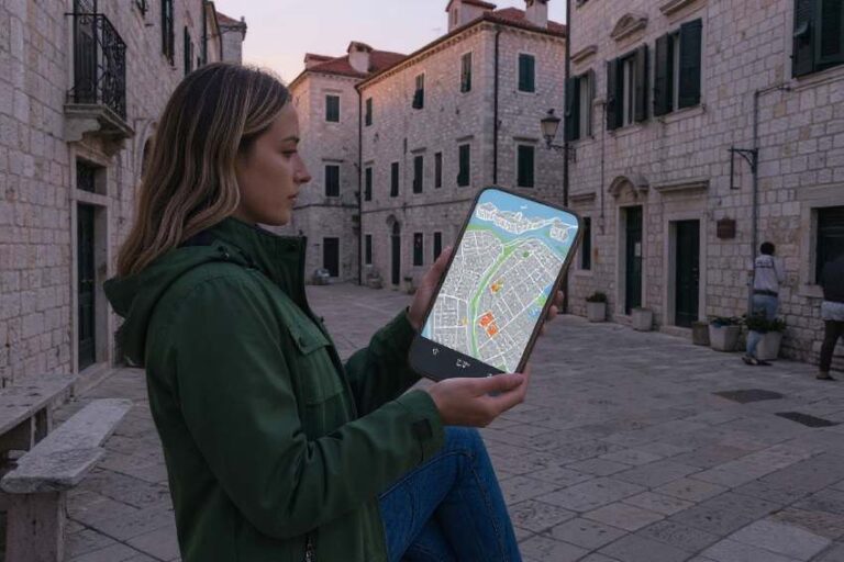 Woman in a green jacket sits on a stone street curb, viewing a large handheld device displaying a detailed city map.