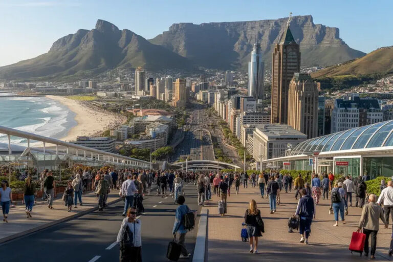 Busy seaside promenade with a city skyline, Table Mountain in the background, and a curved glass building on the right.