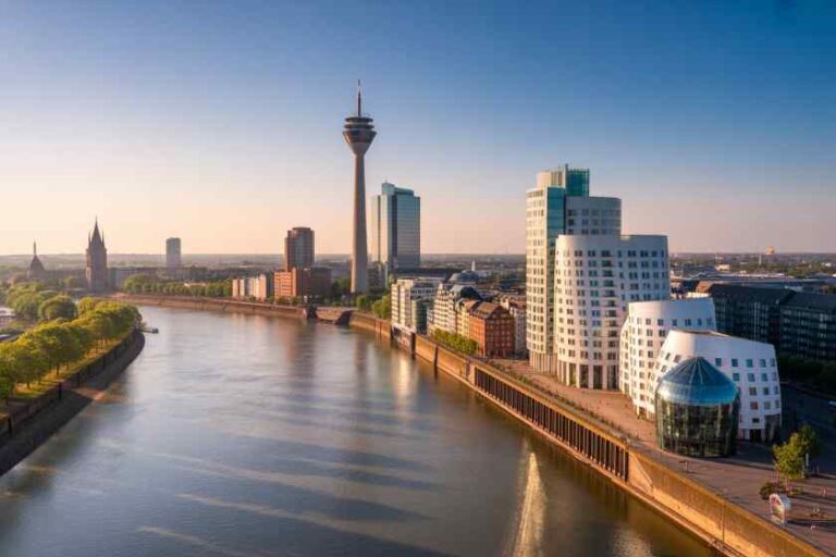 Aerial view of the Rhine waterfront in Düsseldorf featuring modern white curved buildings and a tall observation tower against a clear sky.