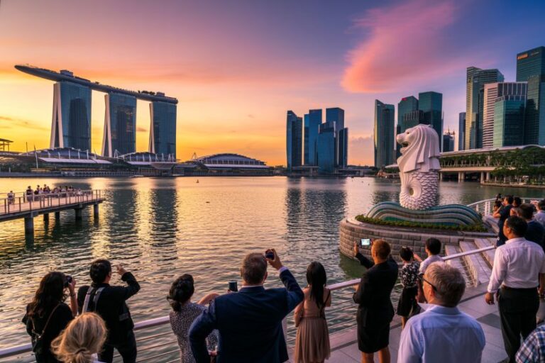 Sunset over Singapore skyline with the Merlion statue and people taking photos along the waterfront.
