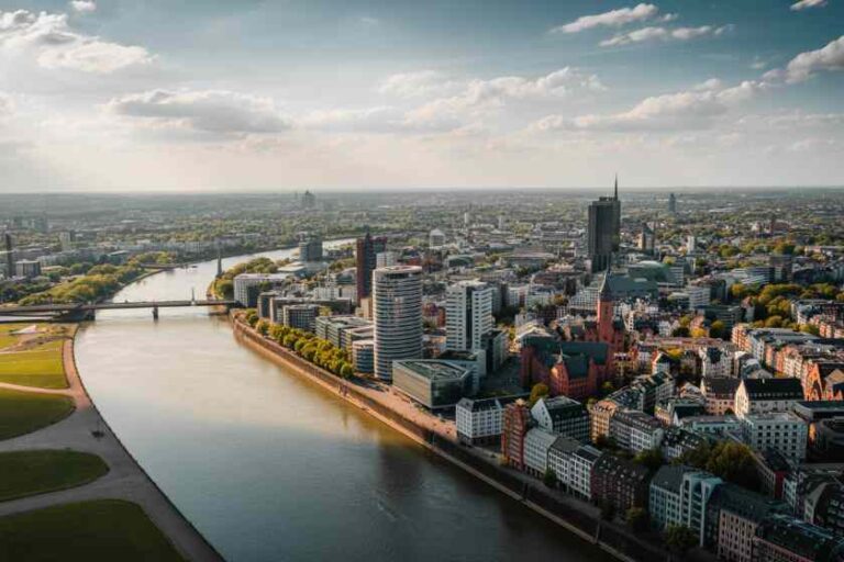 Aerial view of a city along a winding river with modern buildings and a bridge under a cloudy sky, showing a dense downtown cluster.