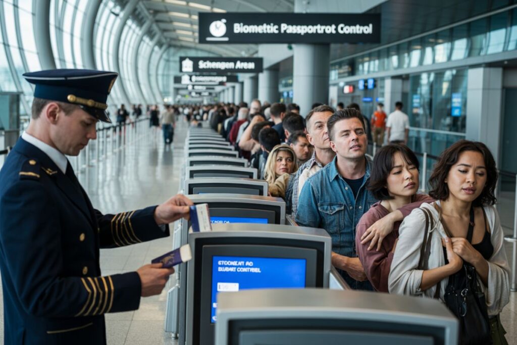 Passengers line up at biometric passport control kiosks in a modern airport terminal, an officer checks a passport.