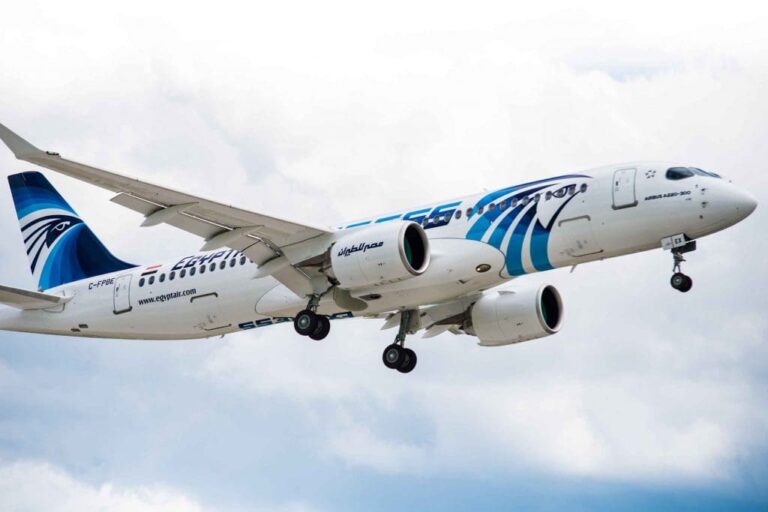 White commercial airplane with blue livery in flight against a cloudy sky, landing gear down.