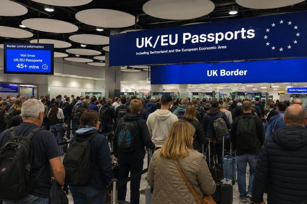 Crowded border-control area with travelers in line under a blue 'UK/EU Passports' sign and 'UK Border' banner.