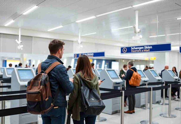 Couple with backpacks using self-service check-in kiosks at a bright airport terminal.