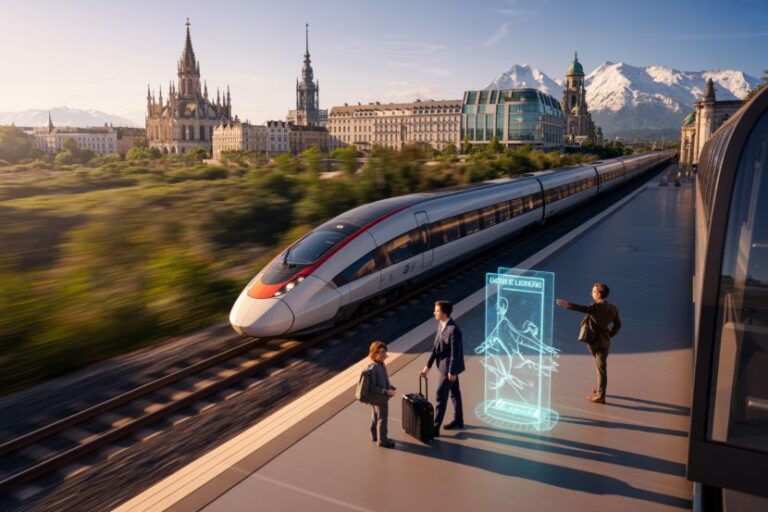 High-speed train at a city platform with travelers and a glowing holographic travel map