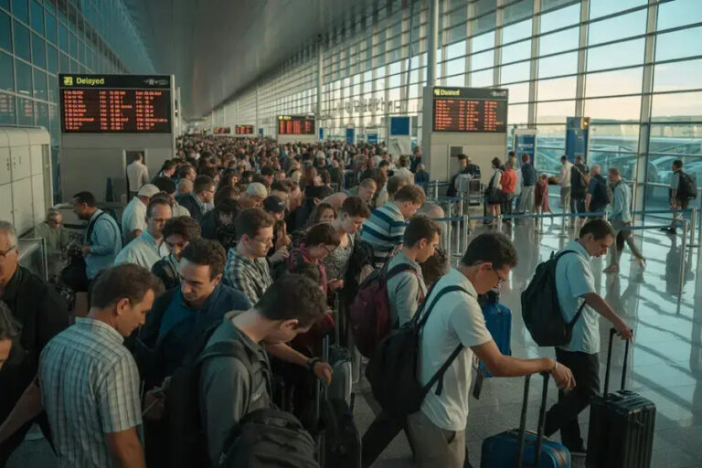 Crowded airport terminal with a long line of travelers waiting with luggage as overhead boards show delays, glass walls in background.