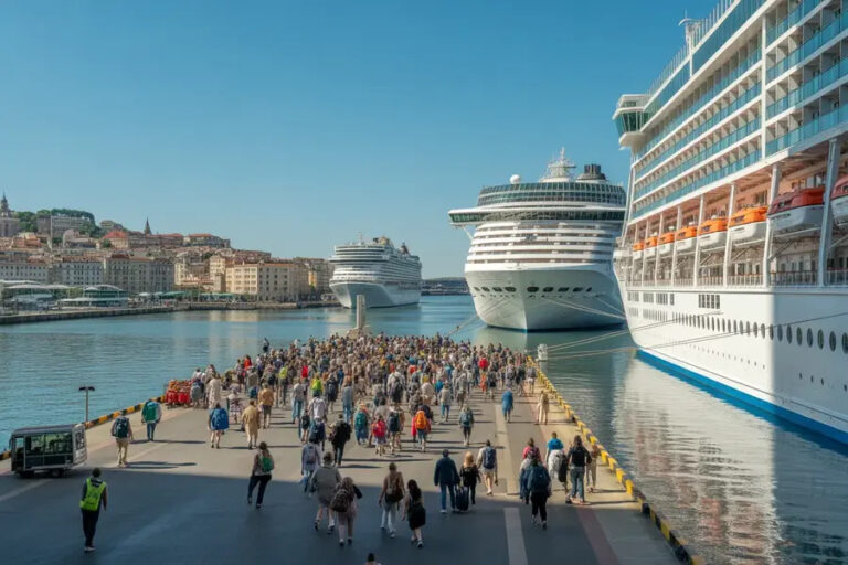 Crowd of travelers walks along a pier toward two large cruise ships docked in a sunny harbor with a city skyline in the background.