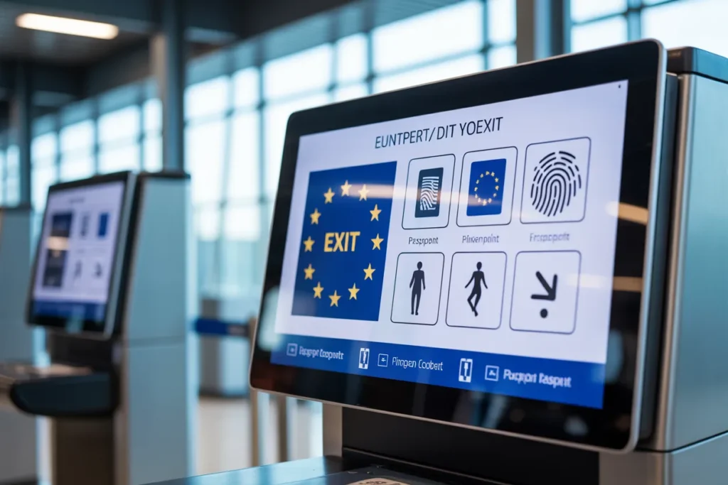 Self-service airport kiosk screen showing EU flag and icons for passport, fingerprint, and exit edge-to-edge.