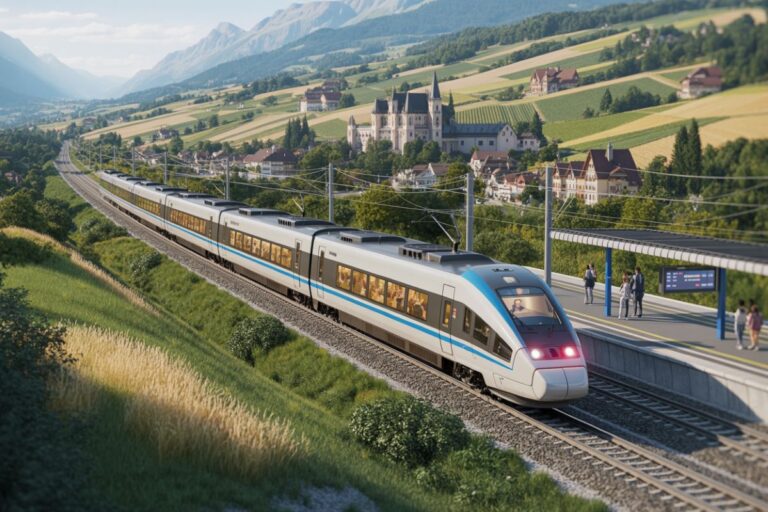 High-speed passenger train gliding through a green valley with a scenic hillside village in the background.