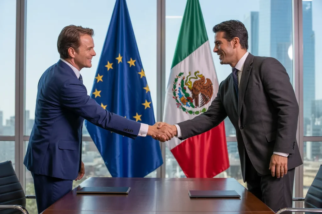 Two men in suits shake hands across a conference table, with EU and Mexican flags in the background, signaling a formal agreement.