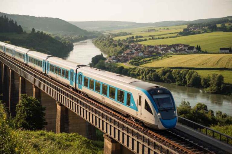 Modern blue-and-white high-speed train crossing a tall viaduct over a winding river with green fields and hills in the background