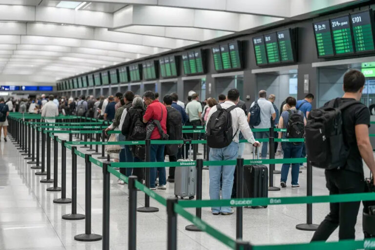 Crowded airport security/check-in lines with travelers and rolling suitcases behind green queue barriers.