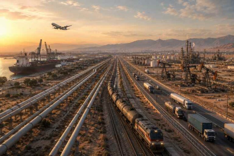 Industrial oil and gas hub at sunset with parallel pipelines, railcars, trucks, and refinery infrastructure stretching toward distant mountains.