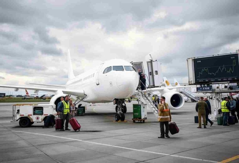 White commercial airliner at the gate with passengers boarding via a jet bridge, under a cloudy sky; ground crew with luggage nearby.
