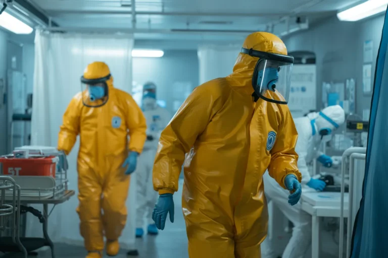 Healthcare workers in yellow hazmat suits and face shields move through a hospital ward, tending to patients.
