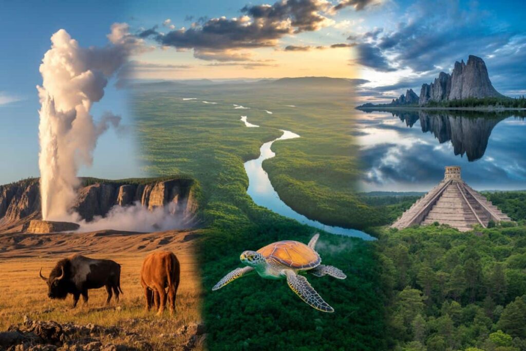 Collage of diverse ecosystems: geyser and bison on a savanna, a winding river through swamp, jungle with a temple, and a sea turtle swimming nearby.