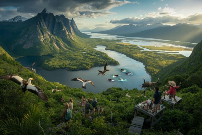 Hikers and birdwatchers stand on a wooden viewing deck overlooking a winding river through a lush valley with towering mountains in the distance.