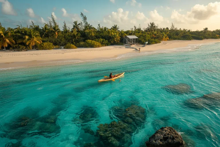 A person paddling a yellow kayak in bright turquoise water near a white-sand tropical beach with palm trees and a small shaded hut on the shore.