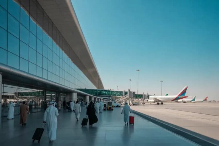 Passengers in traditional clothing walk with rolling suitcases along a glass-walled airport terminal with planes on the tarmac under a clear blue sky.