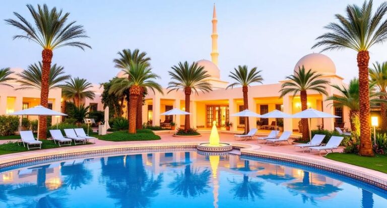 Resort pool area with palm trees, white lounge chairs, umbrellas, and a lit courtyard building with domes in the background at dusk.