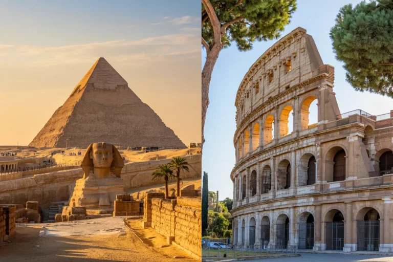 Split view showing the Great Pyramid and Sphinx in Giza beside the Roman Colosseum, highlighting two world-famous ancient sites.
