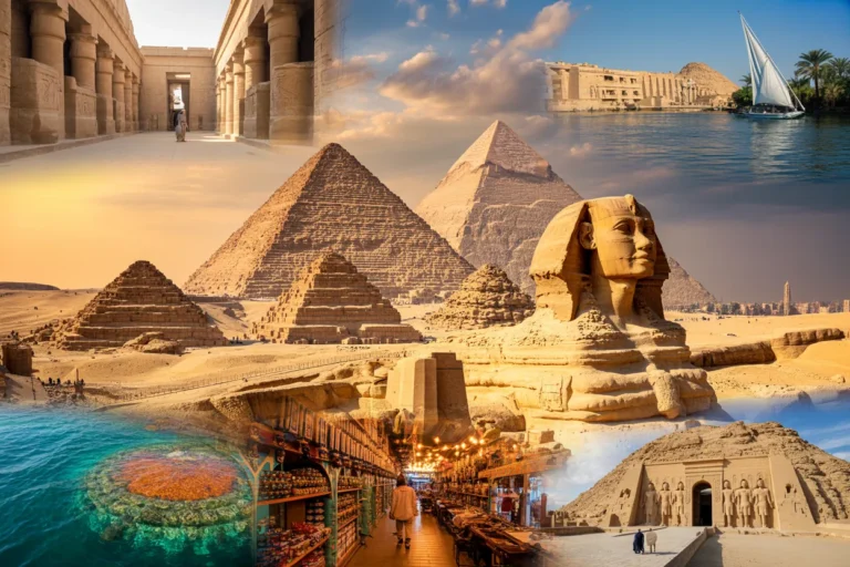 Collage of iconic Egyptian landmarks: pyramids, Sphinx, temple ruins, market, and Nile boat.