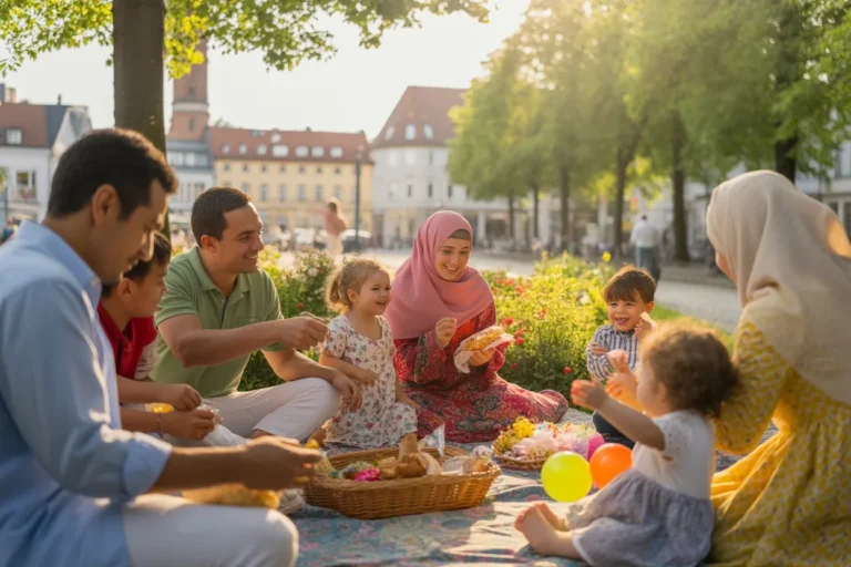 A diverse family sitting on a blanket in a park, sharing snacks and laughing together during a sunny picnic.