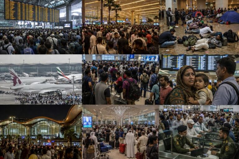 Crowded airport terminal with a large departure board and travelers waiting at gates or check-in desks by the concourse.