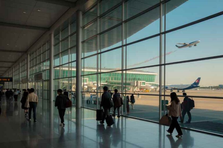 Travelers walk through a spacious airport terminal with large glass walls; planes are seen on the tarmac outside, including a plane taking off in the distance.