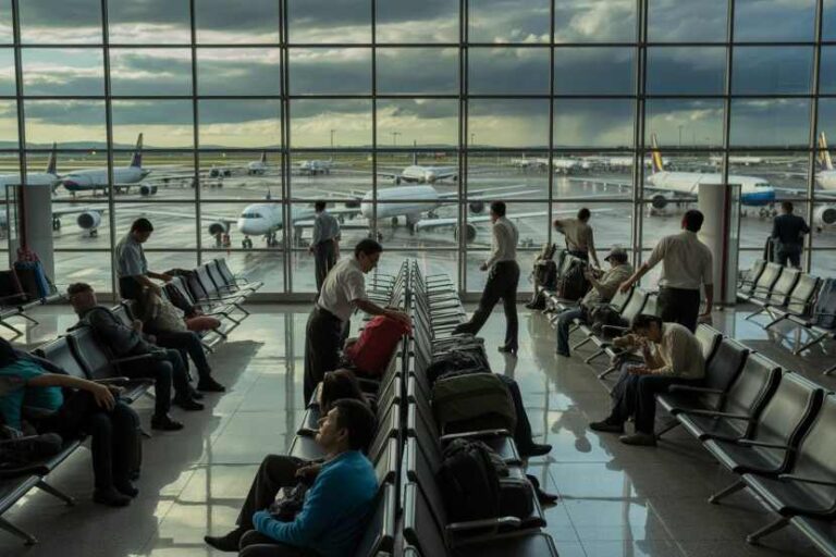 Passengers seated in an airport terminal, luggage beside them, with planes visible through large windows outside.