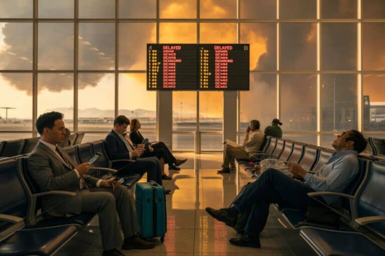 People seated in an airport terminal waiting area with a large departure board showing delayed flights and warm sunset light outside the windows.