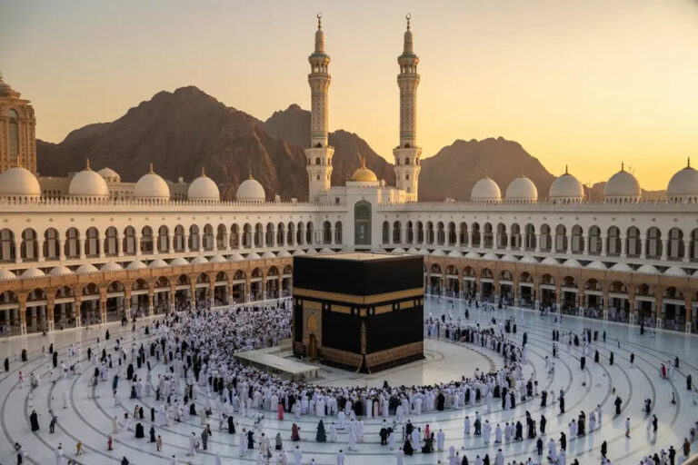 The Kaaba at the center of the Grand Mosque in Mecca, surrounded by worshippers at sunset.