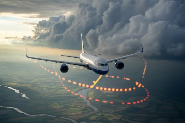 Airplane in flight through cloudy sky with a glowing dotted circular light trail beneath it poster-like in the scene relief.