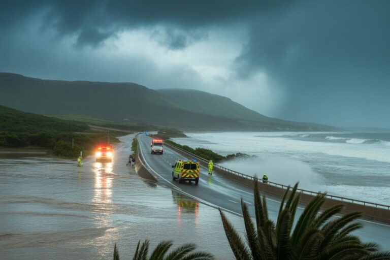 Stormy coastal highway flooded, emergency vehicles and personnel directing traffic as waves crash over the road edge.