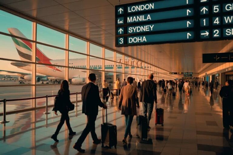 Busy airport terminal with travelers pulling suitcases; overhead signs show London, Manila, Sydney, and Doha.
