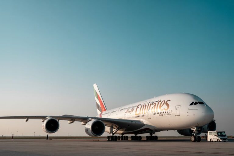 Emirates Airbus A380 parked on the airport tarmac with engines visible under the wings.