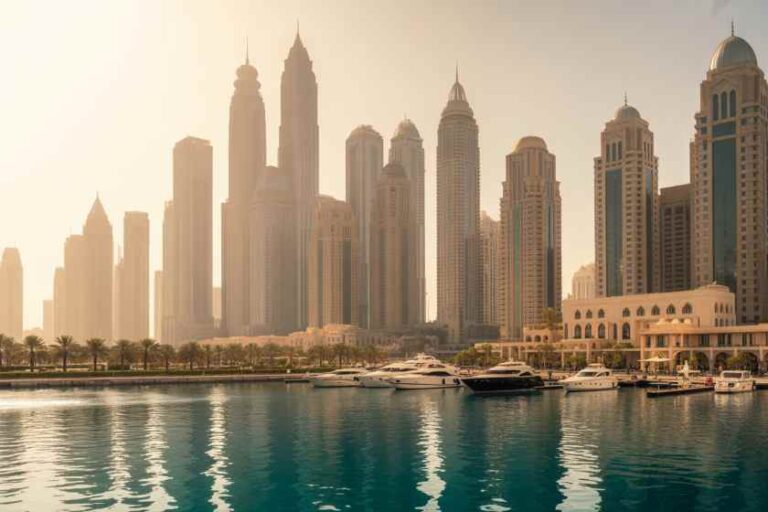Dubai Marina skyline with tall skyscrapers lining the waterfront and several boats docked in the calm marina.