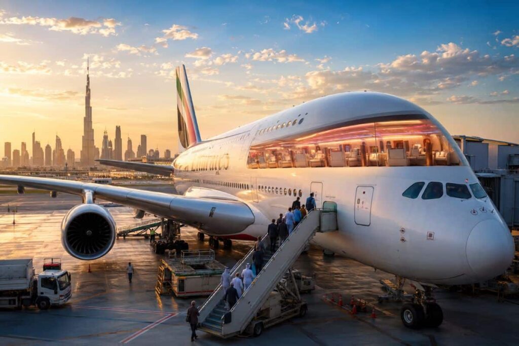 Wide passenger jet at the gate during sunset, passengers boarding via a jet bridge with Dubai’s skyline in the distance.
